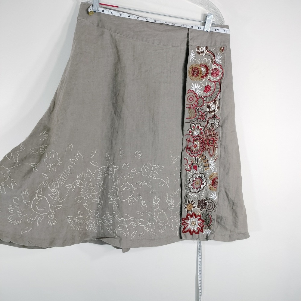 Saint Tropez West Brown Linen Skirt; Embroidered Beaded Wrap Style A-Line